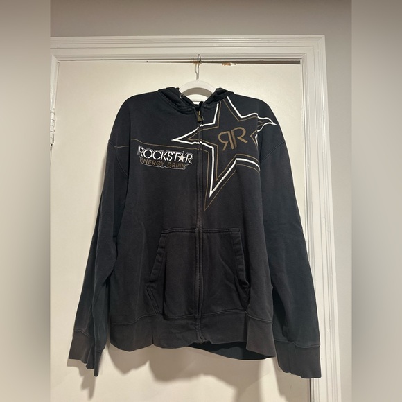 Vintage Y2K Rockstar Energy Drink Fox Racing Mens: XXL Full Zip Black Hoodie. - Picture 1 of 13